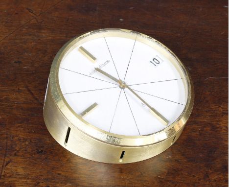 Jaeger LeCoultre brushed brass desk clock, the dial with baton markers and date aperture, 3.75" diameter 
