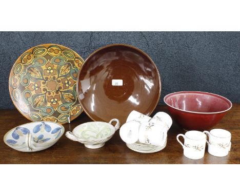 Clews &amp; Co. Chameleon Ware hand painted charger with stylised foliate decoration on a natural ground, 12" diameter; toget