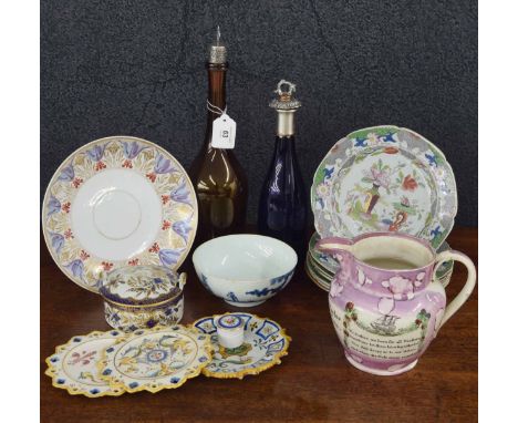 Group of assorted pottery and porcelain&nbsp;including a Sunderland lustre jug 5.75" high, Spode crescent period pot with cov