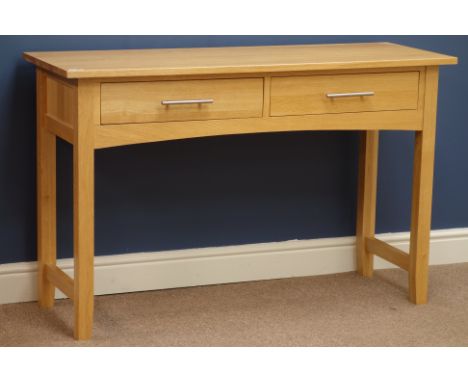 Light oak two drawer dressing table (W120cm, H76cm) with matching stool   Condition Report   Click here for further images, c