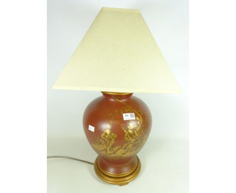 Oriental pottery gilded table lamp depicting performers, H45cm including fitting  (This item is PAT tested - 5 day warranty f