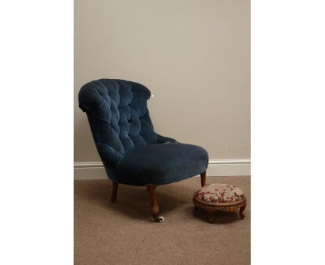 Victorian button back nursing chair, carved walnut front legs and a circular stool   Condition Report   Click here for furthe