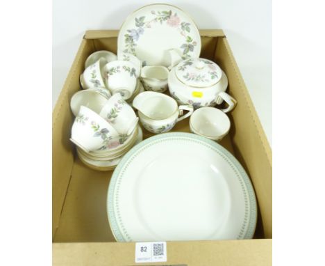 Royal Worcester 'June Garland' tea service and a set of six Royal Doulton Berkshire dinner plates in one box   Condition Repo