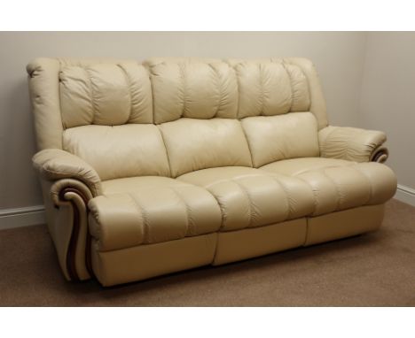 Three seat sofa with end recliners (L230cm) and matching standard armchair upholstered in beige leather    Condition Report  