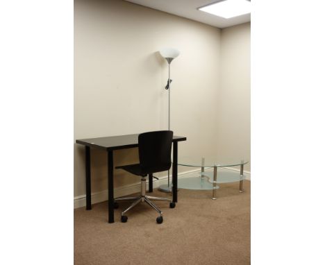 Ikea desk and swivel chair, oval three tier glass coffee table and a modern lamp   Condition Report   Click here for further 