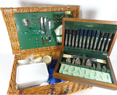 Optima wicker picnic hamper and a Vintage canteen of community plate in teak case   Condition Report   Click here for further