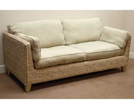 Rattan three seat sofa (W192xm) with linen loose cushions and matching armchair   Condition Report   Click here for further i