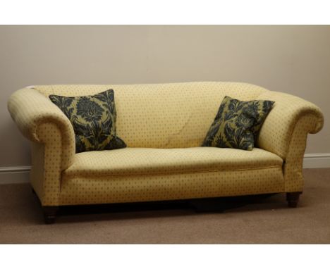 Victorian Chesterfield sofa upholstered in pale gold fabric, W200cm   Condition Report   Click here for further images, condi