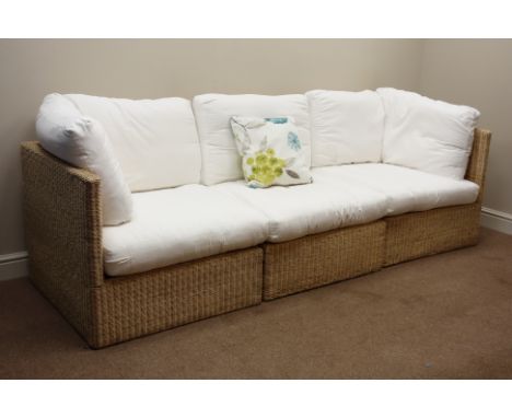 Habitat three seat sectional rattan sofa with white loose cushions   Condition Report   Click here for further images, condit