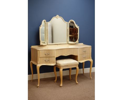 Light walnut French style dressing table with triple mirror and stool, W130cm    Condition Report   Click here for further im