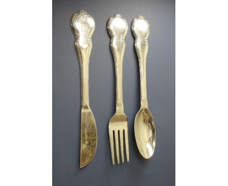 Three large metal wall hangings in the form of a knife, fork and spoon, H102cm   Condition Report   Click here for further im