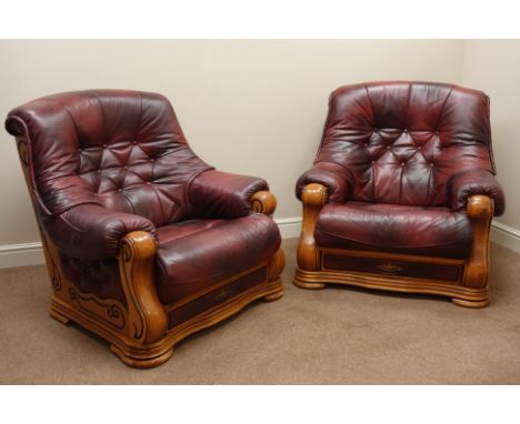 Light oak framed three seat sofa upholstered in burgundy leather (L190cm) and pair matching armchairs   Condition Report   Cl