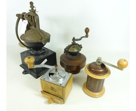 Peugeot Bros. 1A vintage cast metal coffee grinder with wooden drawer, and three others (4)   Condition Report   Click here f