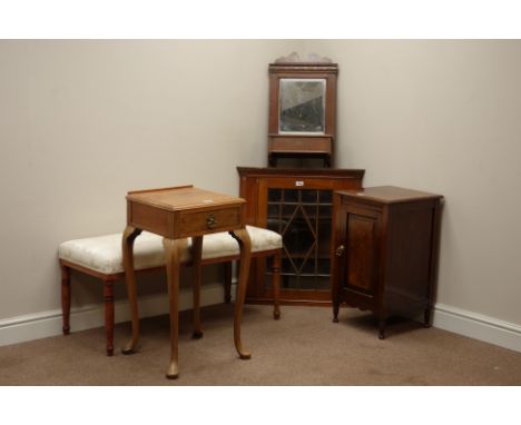 Edwardian walnut bedside cabinet, mahogany corner cabinet, lamp table with drawer, footstool and a hall mirror (5)   Conditio