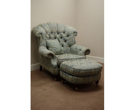 Lincoln House traditional armchair and matching stool upholstered in Liberty style fabric   Condition Report   Click here for