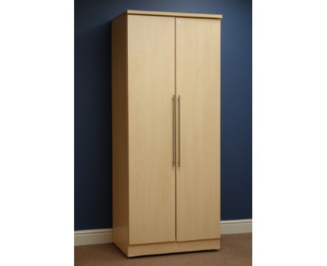 Light wood four drawer chest (W58cm), matching double wardrobe (W74cm) and pair bedside chests   Condition Report   Click her