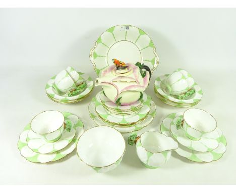Aynsley fruit and tea service with butterfly handles, six place settings and a similar style teapot    Condition Report  Smal