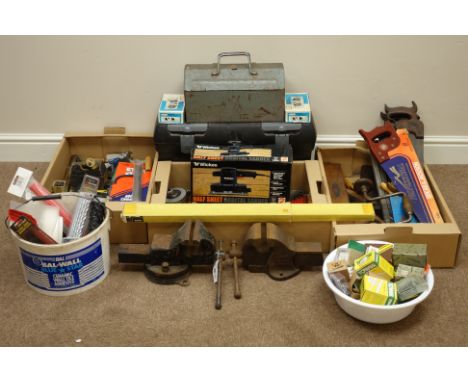 Various hand tools including saws, planers, hammers etc... two bench vices and Wickes orbital sander 