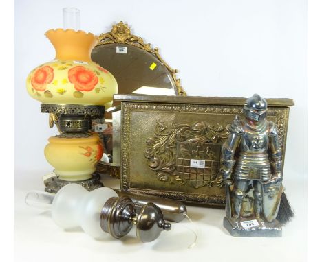 Brass slipper box with armorial design and contents, Knight companion set, circular bevelled edge mirror, lamp and a burnishe