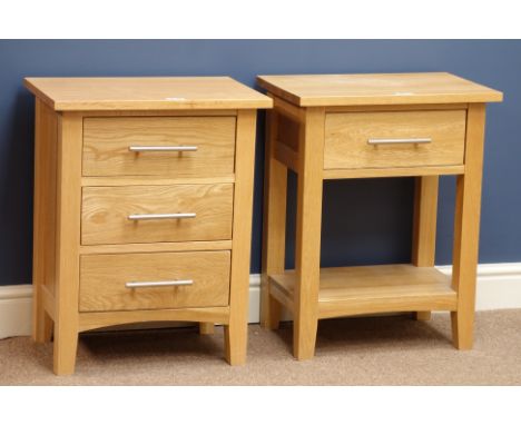 Light oak three drawer bedside chest (48cm) and matching stand with single drawer (2)   Condition Report   Click here for fur