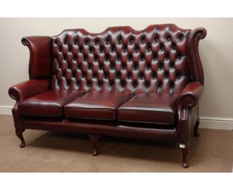 Three seat Georgian style sofa upholstered in deeply buttoned burgundy leather, W180cm   Condition Report   Click here for fu