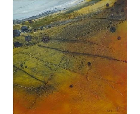 'Scaurs Robin Hood's Bay', oil and mixed media on canvas by Janet Moodie titled and signed verso 35.5cm x 35.5cm   Condition 