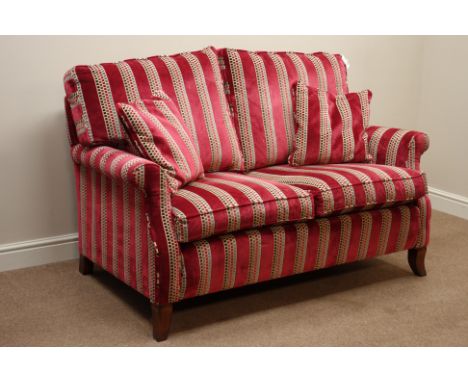 Two sofa upholstered in red striped velvet fabric, mahogany finish feet, W150cm   Condition Report   Click here for further i