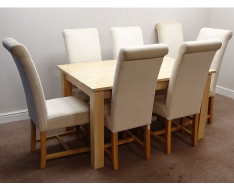 Rectangular light wood dining table (137cm x 90cm, H76cm), and set seven oak framed high back dining chairs upholstered in cr