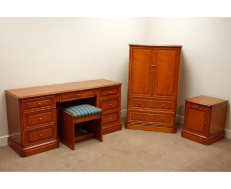 Cherry  wood twin pedestal dressing table with stool (W150cm), matching tallboy (W76cm) and bedside cabinet   Condition Repor