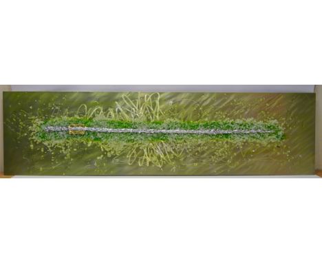 Contemporary Abstract Mixed Media on Aluminium signed Rowely 40cm x 150cm   Condition Report   Click here for further images,