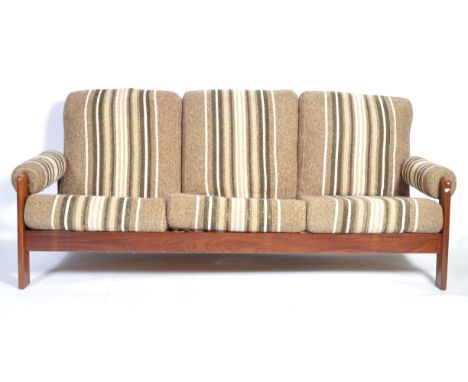 A 1960's Danish retro vintage teak wood sofa suite comprising of a three seater sofa settee having striped woolen upholstered