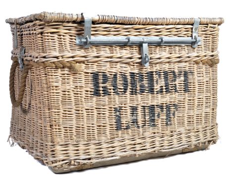 An original 20th Century retro vintage hinged top wicker basket of woven construction with notation to side ' Robert Luff '. 