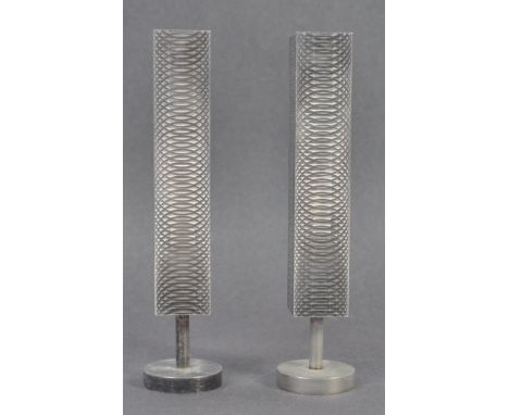 M&amp;R - A pair of late 20th Century retro vintage silver plated square bud vases each with engine turned design to each sid