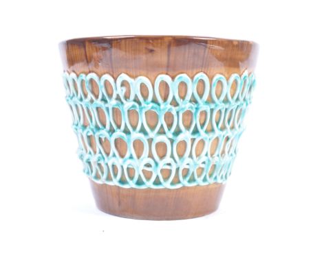 A 20th Century Italian retro vintage studio art pottery plant pot of conical form with a blue glazed textured ribbon pattern 