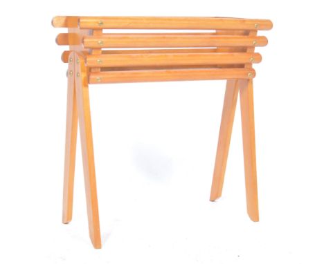 A 20th Century retro vintage beech wood planter / plant stand having a planked / paneled tapering planter box to top raised o