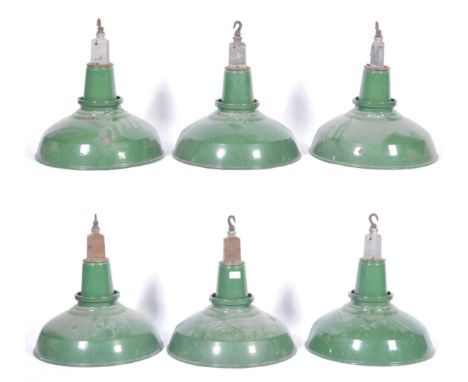 A set of six 20th Century vintage industrial porcelain enamel two part pendant lights having a large UFO wide conical detacha