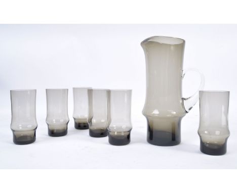 An original 1960's retro vintage studio art glass decanter / lemonade drinks pitcher jug and glass set all in smokey grey gla