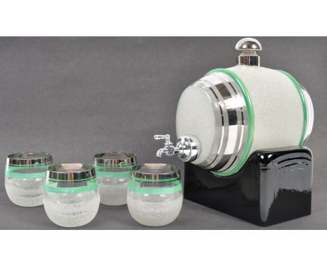 An original vintage 20th Century art deco glass whisky drinks barrell and glass set having frosted glass bodies with green pa
