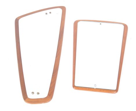 A pair of 1970's retro vintage teak wood frameless wall hanging mirrors, both having tapering forms. Measures; 65cm x 33cm.