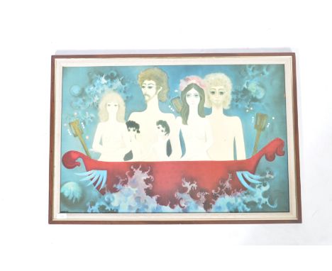 An unusual 1960's retro vintage print depicting four stylised figures within a boat with two musical instruments on a blue wa