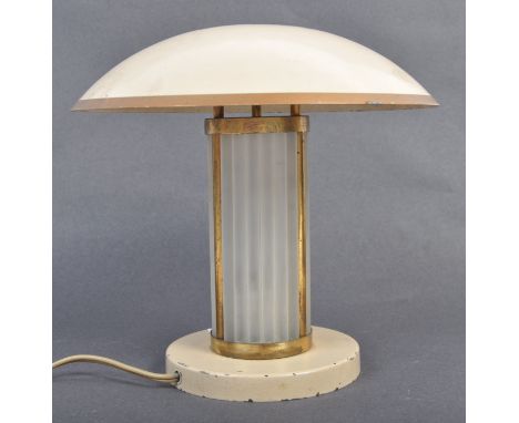 A stunning 1930's French Art Deco antique vintage table lamp having a domed metal shade raised on a brass upright frame with 
