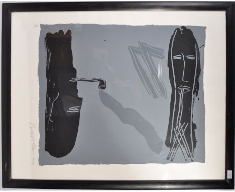 Bruce Mclean b.1944 - ' Smoking Heads ' silk screen print, printed in black and grey, on wove paper. Depicting two stylised f
