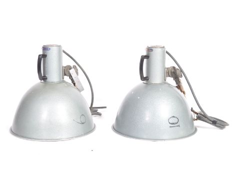 Mole Richardson - A pair of original 1960's retro vintage industrial theatre spot light lamps having grey metal conical shade