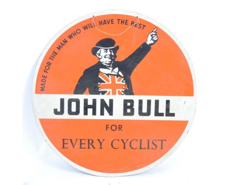 John Bull - For Every Cyclist - an original vintage cycling related advertising pictorial sign. Orange ground, with central J