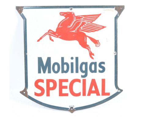 Mobilgas - a rare original vintage garage forecourt porcelain enamel advertising sign for ' Mobilgas Special '. Red Pegasus e