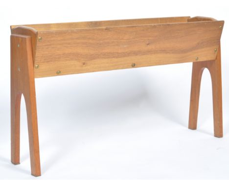 A 1970's retro vintage teak wood planter / plant stand of wide form having a tapered planter top raised on ' A ' frame type l