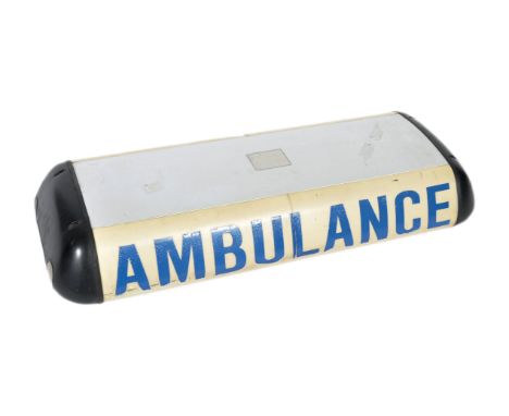 An original 20th century ' Ambulance ' paramedic car / vehicle lightbox rooftop sign. Blue text, with white panelled light bo