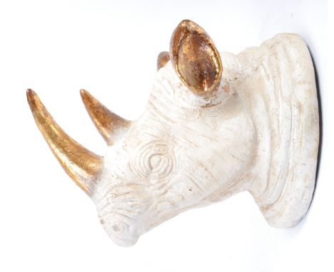 A 20th century contemporary festival / events prop Rhino / Rhinoceros head wall decoration. Composite construction taxidermy 