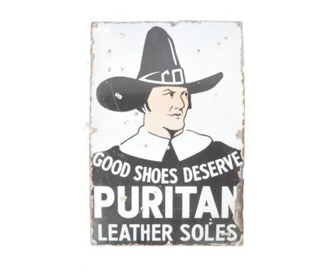 Puritan - An early 20th Century antique vintage point of sale advertising porcelain enamel sign for leather soles. The sign d