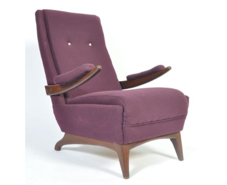 Greaves &amp; Thomas - A rare mid 20th Century 1950's retro vintage low lounge chair / armchair having an angled padded tall 